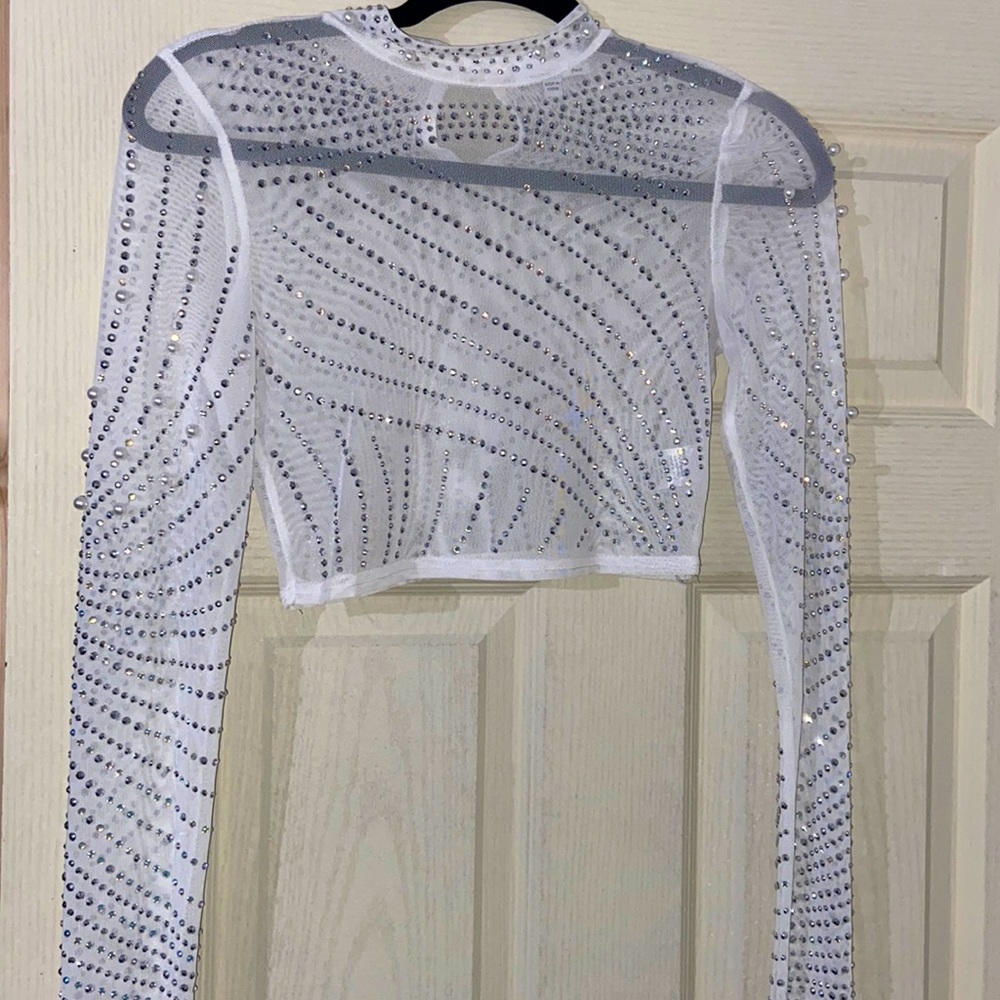 White cropped long sleeve crystal shirt
